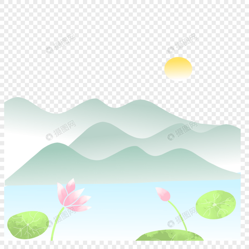 夏天中国风古风山水荷花荷叶手绘背景图片