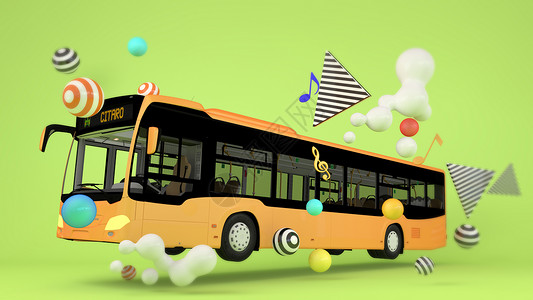 公交车拉手卡通漂浮公交车场景设计图片