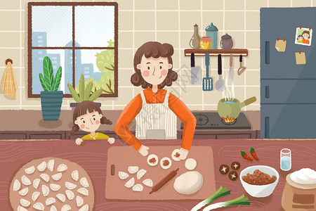 居家女性厨房牛排制作五一在家包饺子插画