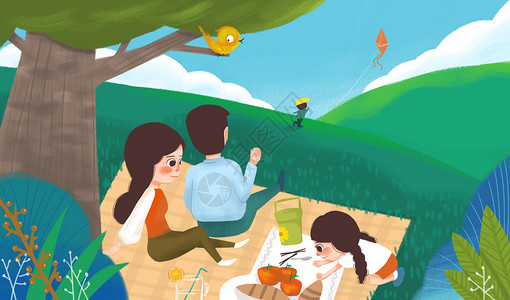 全家草地野餐插画图片