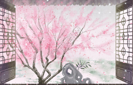 樱花墙窗外插画