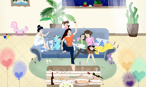 客厅美女妈妈们的聚餐插画