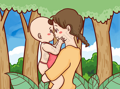喂奶的母亲线稿母亲节妈妈抱着孩子手绘原创插画插画