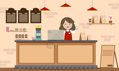 女孩咖啡厅工作咖啡厅女孩插画