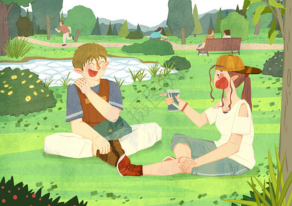 坐在地上的情侣公园草地上聊天插画