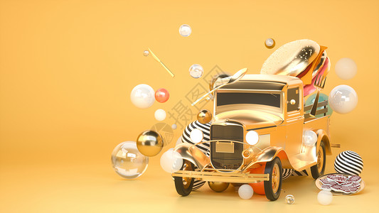 卡通外卖车创意悬浮食品运输车场景设计图片