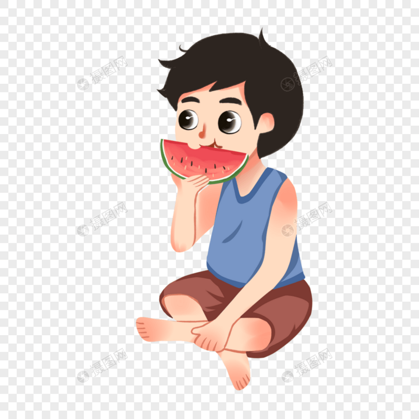 坐着吃西瓜的男孩图片