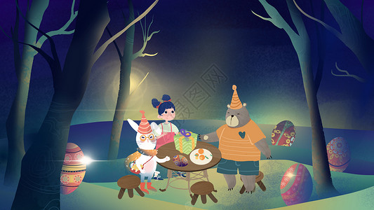 彩蛋海报小清新小女孩在树林力跟动物聚会儿童节卡通插画插画