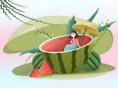 夏天清凉西瓜唯美插画图片