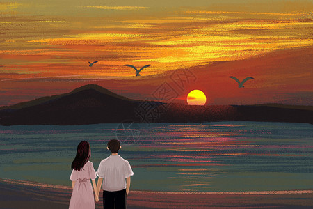 海边和手素材海边看日落的情侣插画