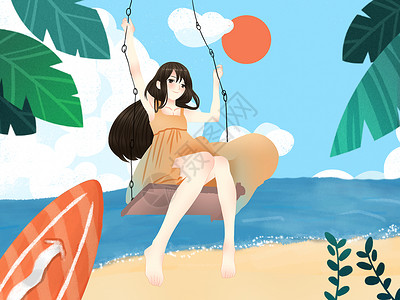 在海边玩小清新风格夏天在海边度假的女孩插画