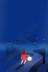 小樽运河夜晚插画女孩背景设计图片