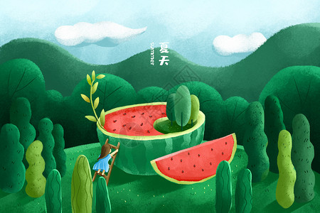 夏天一片西瓜夏天草地上的西瓜插画