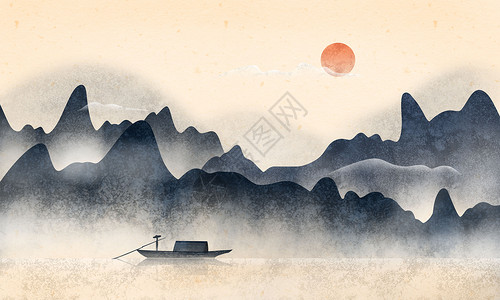 划船钓鱼中国风山水插画