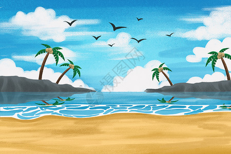 手绘云朵和鸟插画大海设计图片