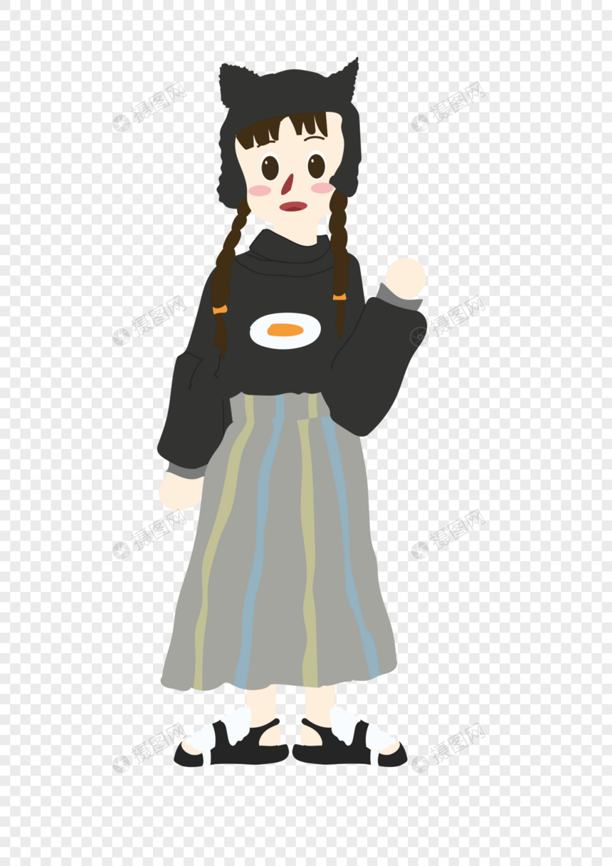 黑猫女孩插画图片