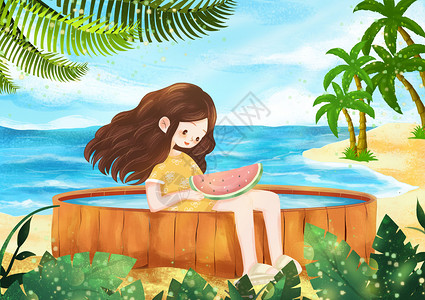 浴室木小女孩 海滩插画
