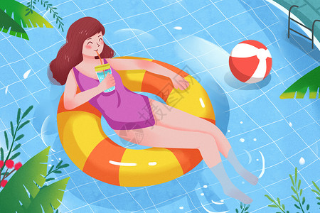 夏天喝饮料的泳装女孩立夏游泳插画插画