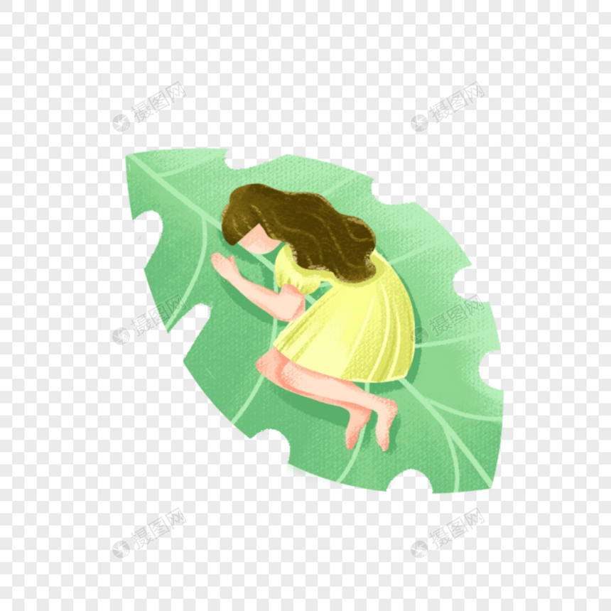 躺在树叶上睡觉的女孩图片