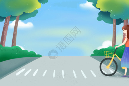 共享电单车骑自行车过马路的女孩GIF高清图片