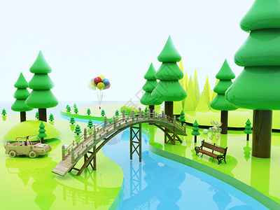 卡通桥创意清新树林场景设计图片