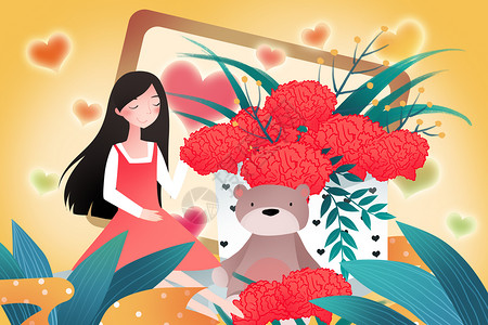 康乃馨植物花束女孩和康乃馨插画