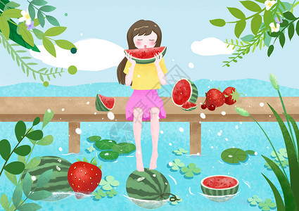夏天 草莓 西瓜 河岸的女孩背景图片