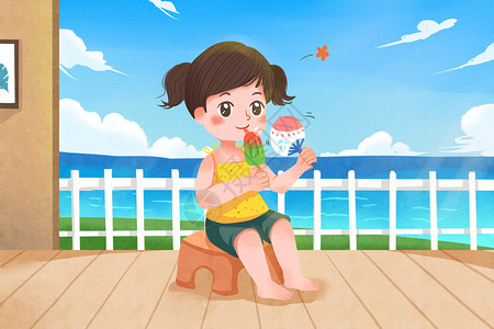 女孩扇扇子夏季乘凉吃冰棒插画