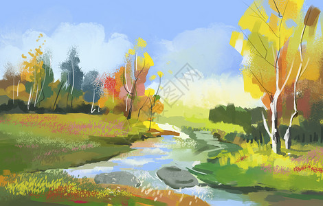 河流小溪手绘风景设计图片