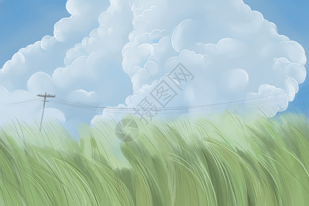 手绘电线杆草地白云设计图片