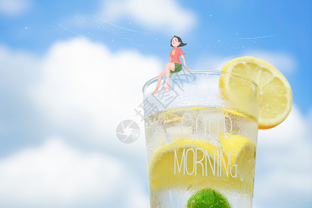 夏季冷饮展板夏季坐在柠檬汁上吹吹风插画