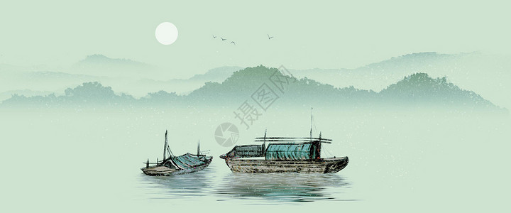 复古墙门素材中国风山水画插画