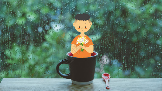 小花束雨天水珠玻璃咖啡杯插画