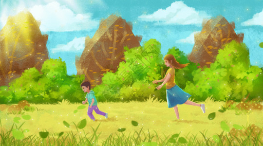 蓝莓树丛亲子旅游嬉戏GIF高清图片