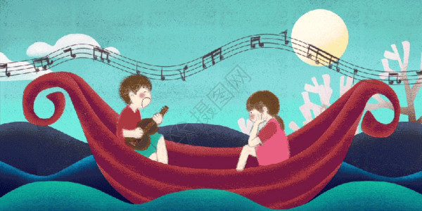 弹吉他情侣在船上给女孩唱歌的男孩GIF高清图片