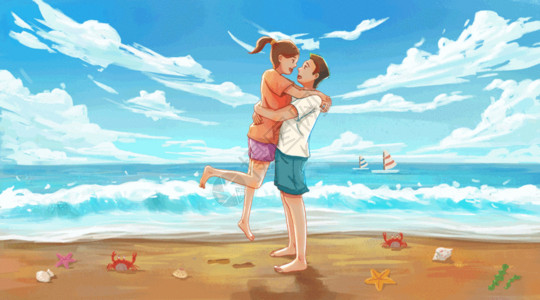 大海小清新海边度假的情侣gif高清图片