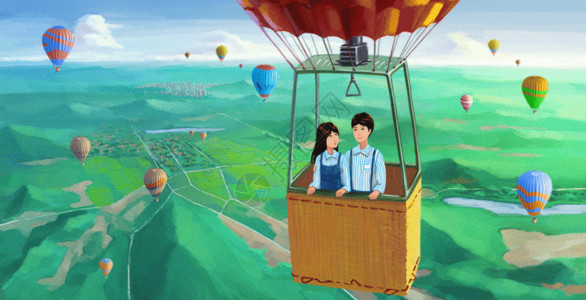 情侣坐在板凳上热气球上的爱情 GIF高清图片
