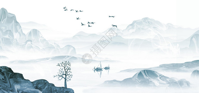 动物风景装饰画中国风山水画插画