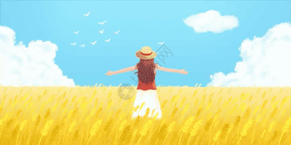 麦草堆麦田中的女孩gif动图高清图片