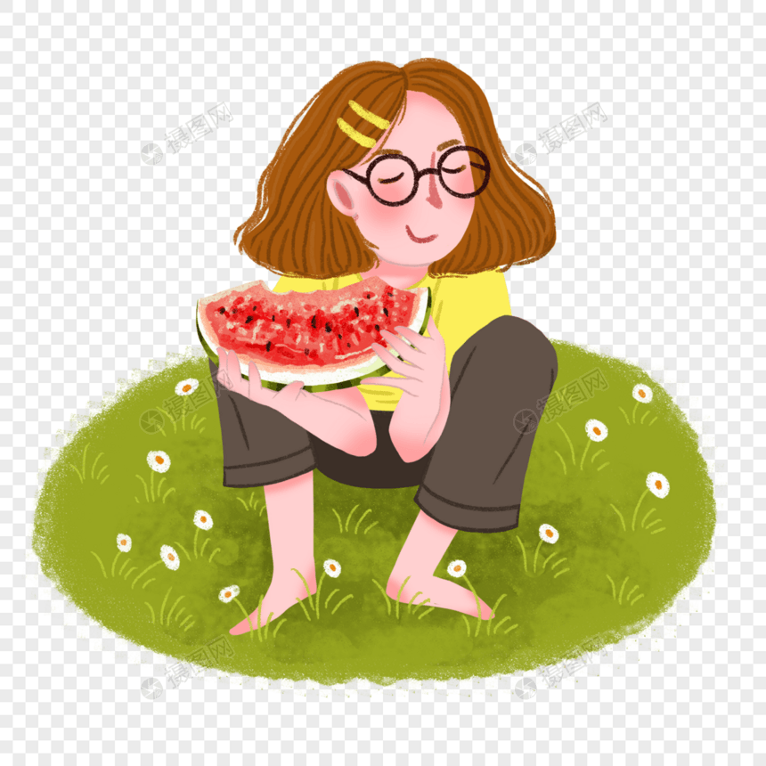 夏天小孩坐在草地上吃西瓜图片