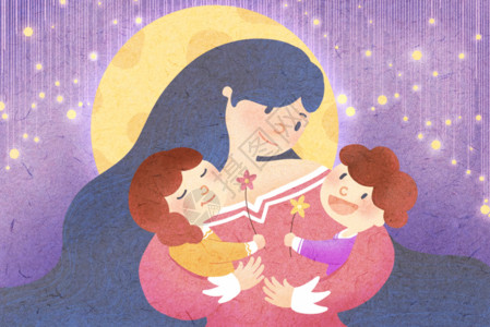 月亮上孩子母亲节温馨插画GIF高清图片