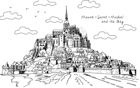 素描树法国圣米歇尔山插画