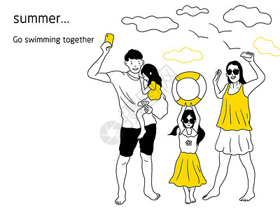 母亲与女儿拍照韩式黄色系手账简笔画游泳插画