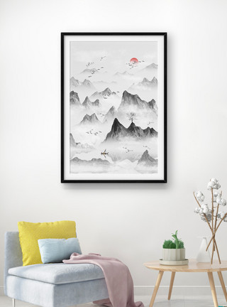 中国风抽象新中式手绘意境山水画装饰画模板