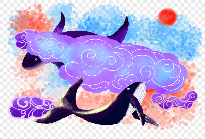 中国风水彩水墨海洋生物鲸鱼图片
