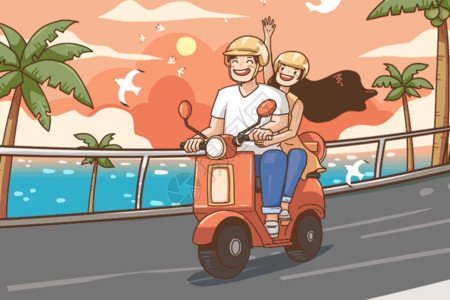 情侣开车出游骑摩托车出游插画动图GIF高清图片
