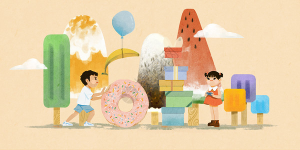 甜甜圈手绘儿童节零食礼物扁平手绘温馨插画插画