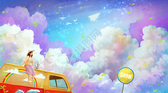 巴士旅游彩云下的旅行少女插画