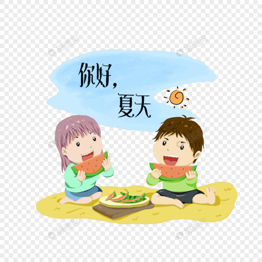 夏季坐着吃西瓜的孩子图片