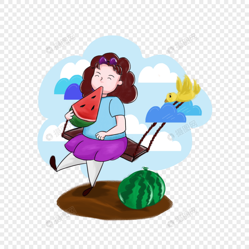 坐秋千吃西瓜的女孩图片